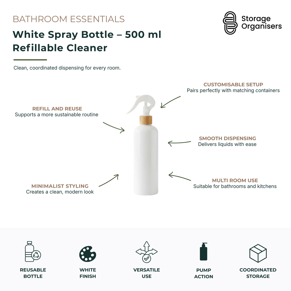 500ml white refillable spray bottle with a durable trigger sprayer and natural bamboo-look collar, designed for stylish and sustainable home organisation. Ideal for storing and dispensing cleaning solutions, disinfectants, glass cleaners, surface sprays, linen sprays, plant misters, and DIY household products. The minimalist white finish complements modern, Scandinavian, coastal, and contemporary interiors while creating a coordinated look across bathrooms, kitchens, laundries, and utility spaces. Reusable 