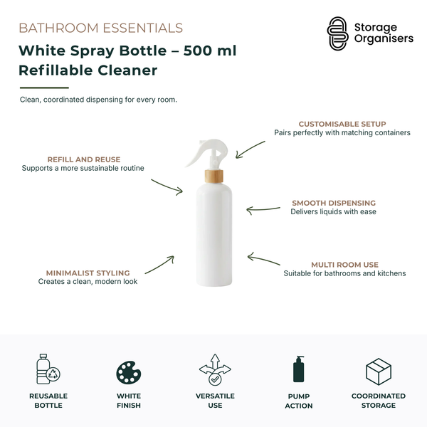500ml white refillable spray bottle with a durable trigger sprayer and natural bamboo-look collar, designed for stylish and sustainable home organisation. Ideal for storing and dispensing cleaning solutions, disinfectants, glass cleaners, surface sprays, linen sprays, plant misters, and DIY household products. The minimalist white finish complements modern, Scandinavian, coastal, and contemporary interiors while creating a coordinated look across bathrooms, kitchens, laundries, and utility spaces. Reusable 