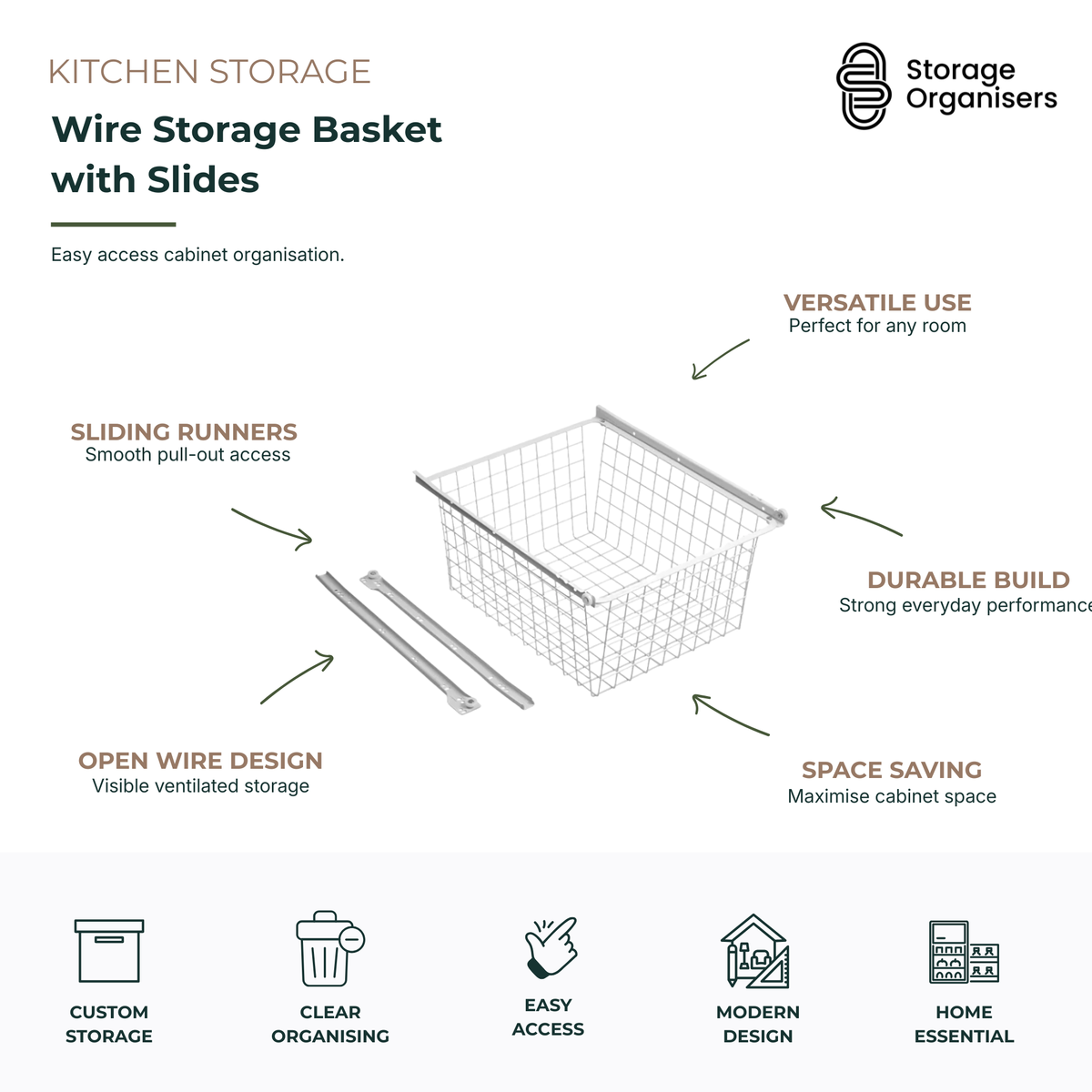 White wire storage basket with sliding runners for pull-out cabinet organisation, featuring durable metal construction, ventilated open-wire design, and space-saving storage for kitchens, pantries, laundries, and wardrobes.