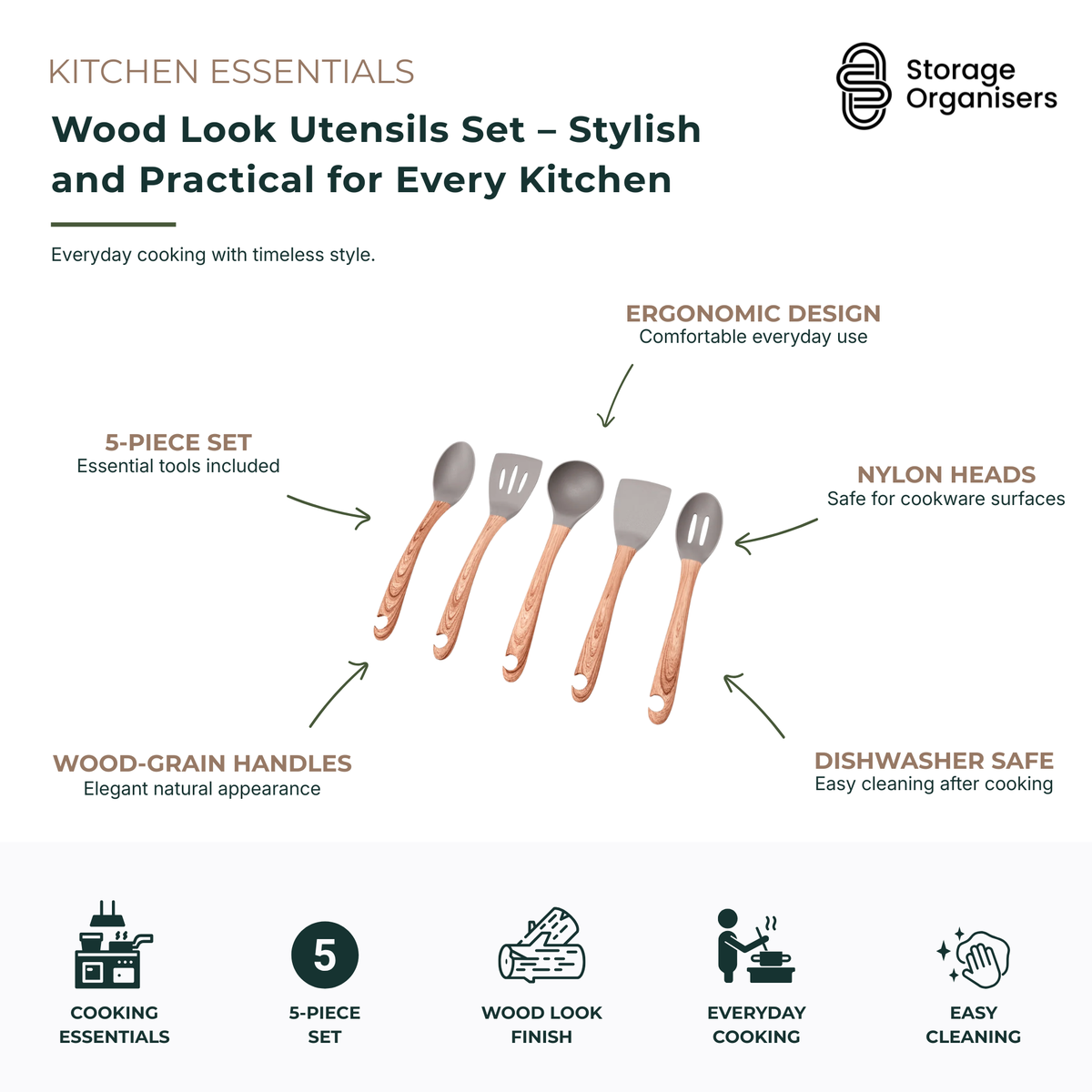 Wood look utensils set featuring five essential kitchen tools with ergonomic wood-grain handles and durable nylon heads. This 5-piece cooking utensil set includes a spoon, slotted turner, ladle, spatula, and slotted spoon, designed to be safe for non-stick cookware. Dishwasher-safe and comfortable to use, this stylish utensil collection combines the appearance of natural wood with the practicality of modern kitchen tools for everyday cooking and food preparation.