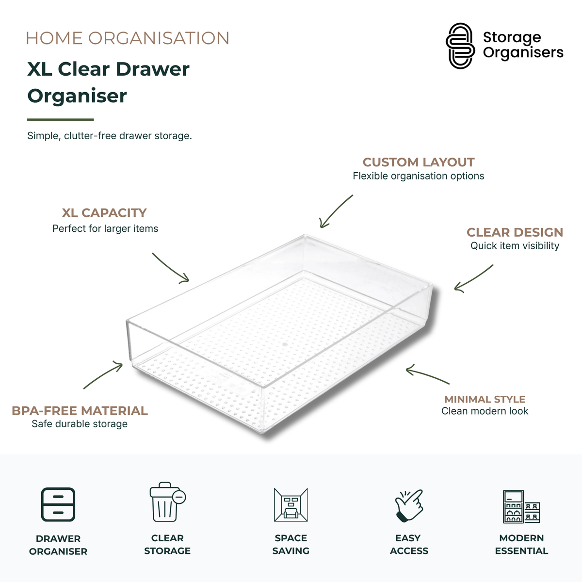 XL clear drawer organiser tray for home and kitchen storage with BPA-free transparent design and flexible drawer organisation layout
