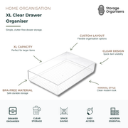 XL clear drawer organiser tray for home and kitchen storage with BPA-free transparent design and flexible drawer organisation layout