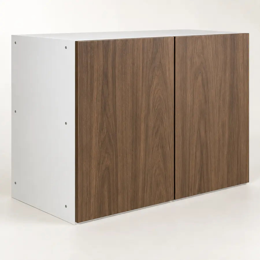 Cabinet without an end panel showing the exposed white carcass side