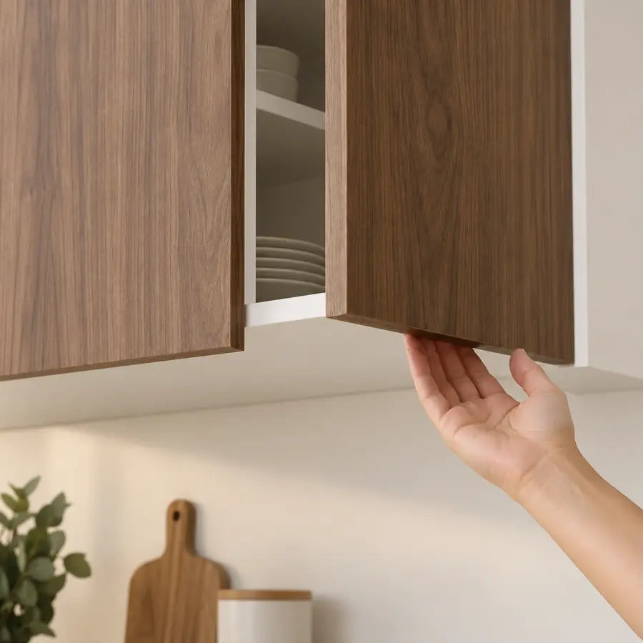 Handle-free cabinet door extending 20 millimetres below the carcass