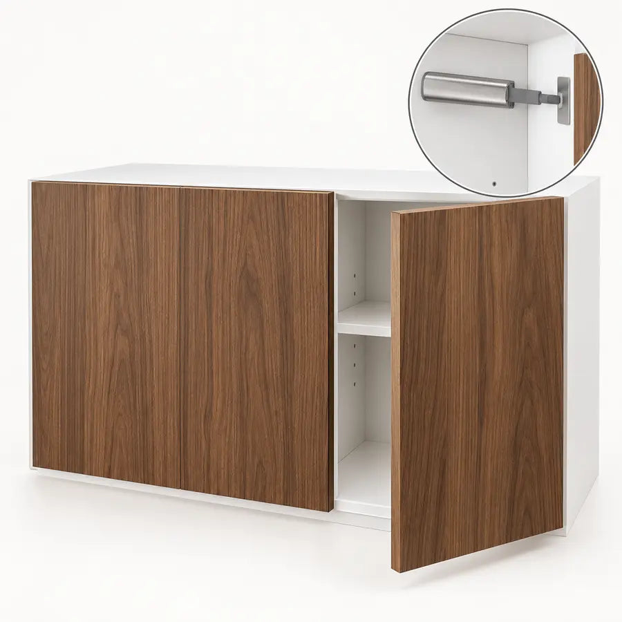 Handle-free cabinet with magnetic push-to-open hardware